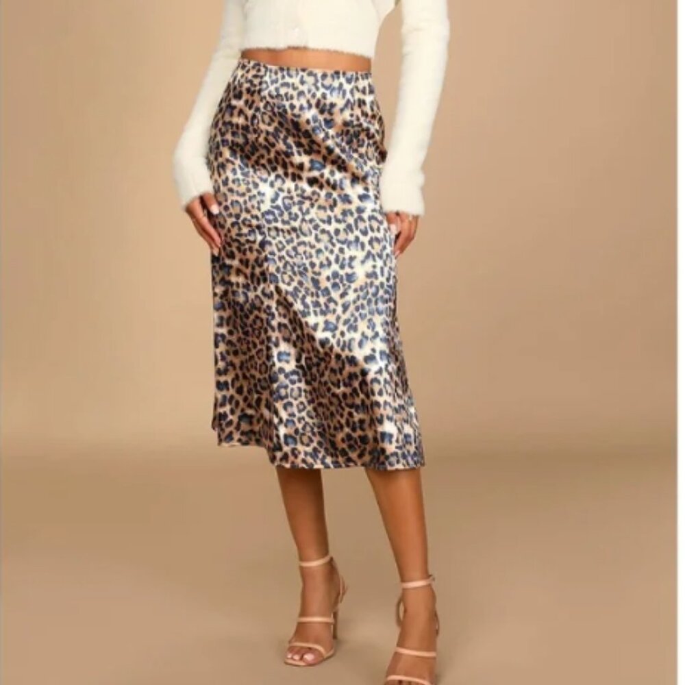 Lulu's Satin Tan and Navy Blue Leopard Print Midi A-line Skirt - Picture 2 of 9